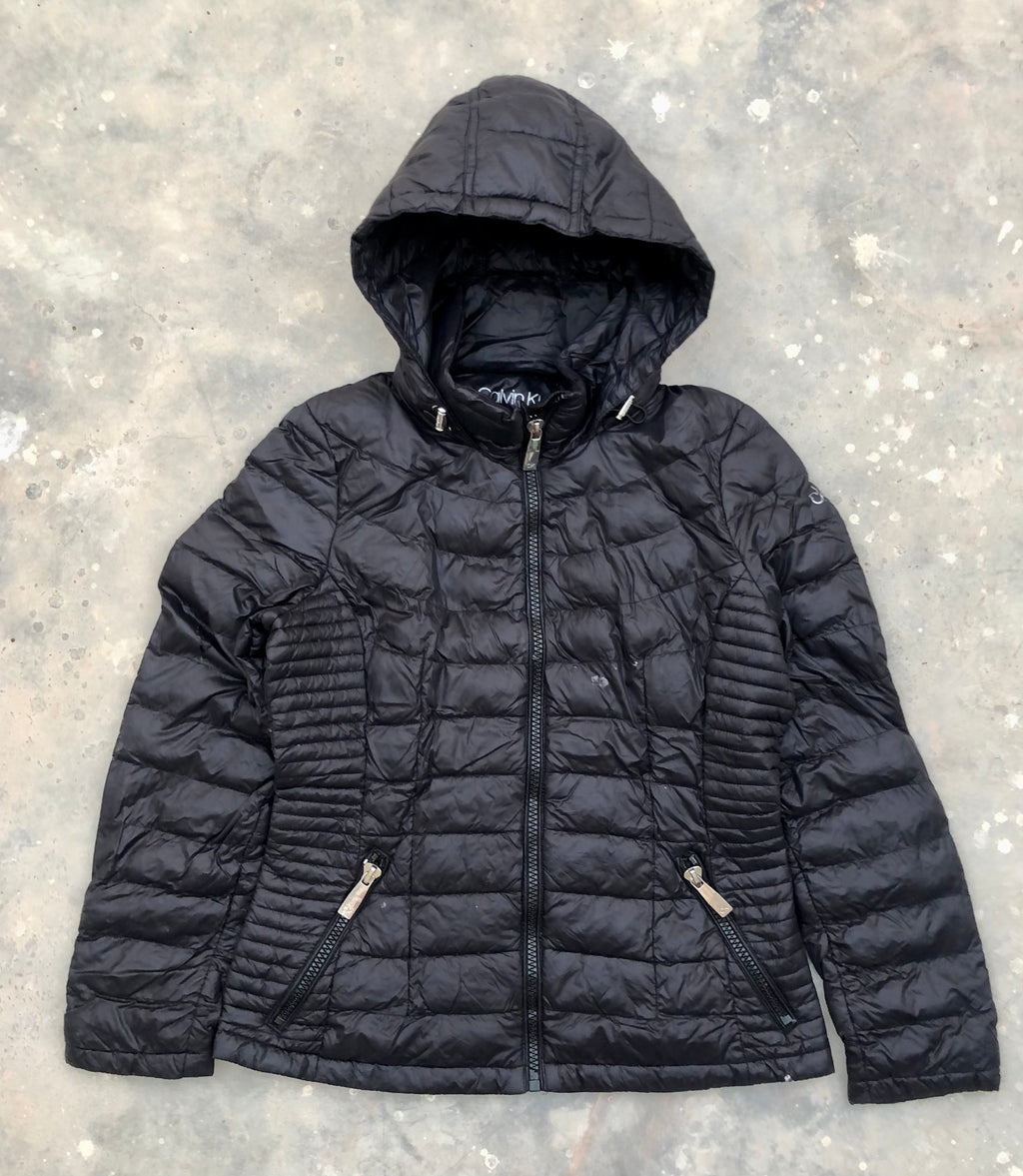Calvin Klein Premium Down Packable Quilted Hooded Full Zip Puffer Coat – Black