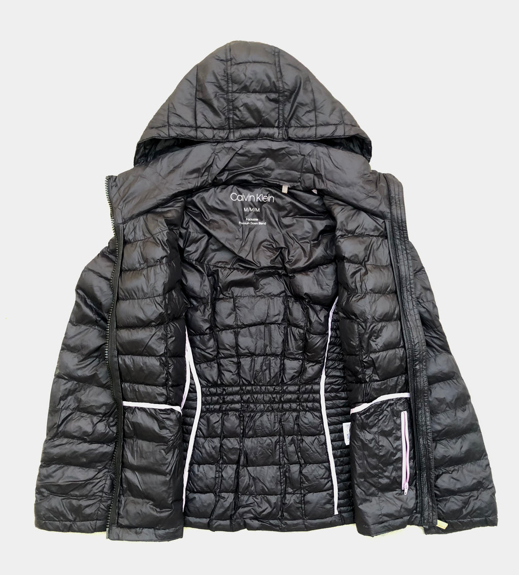 Calvin Klein Premium Down Packable Quilted Hooded Full Zip Puffer Coat – Black