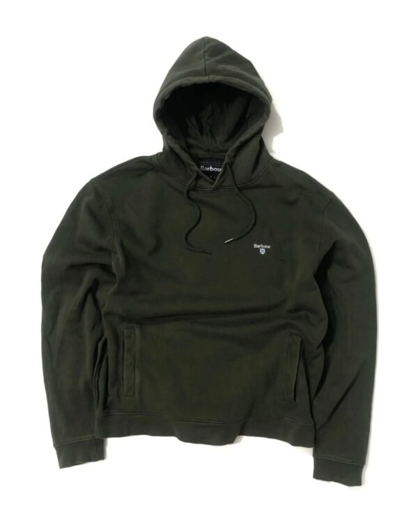 Barbour Grassington hoodie in olive, men’s large, front view